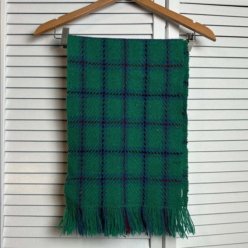 Green blue burgundy Plaid Wool blend plaid tartan vintage fringe scarf